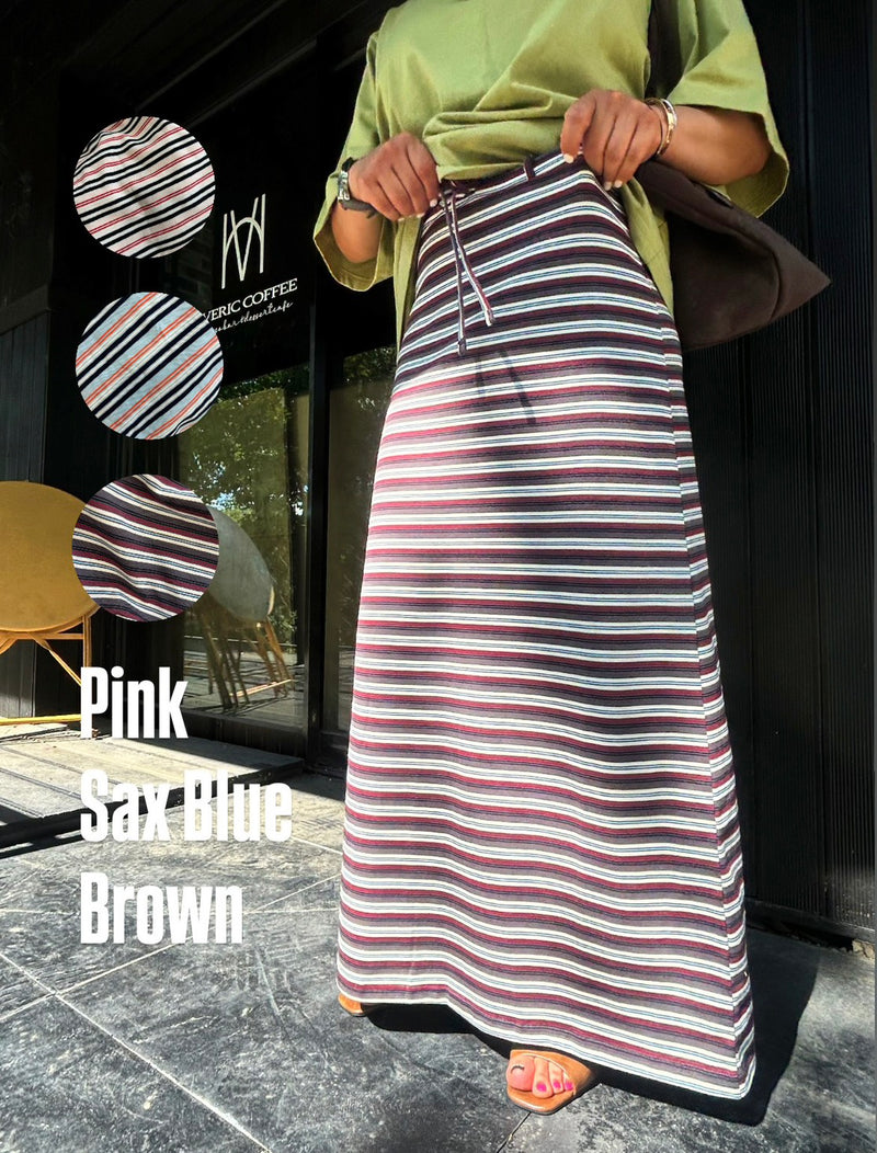Retro Multi Border Long Skirt